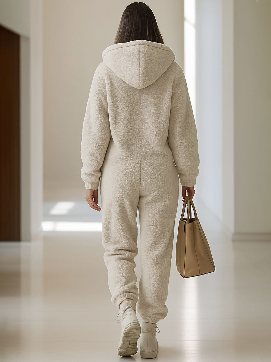 Cari™ - Casual Loose Vintage Polar Fleece Pocket Zipper Hooded Jumpsuit