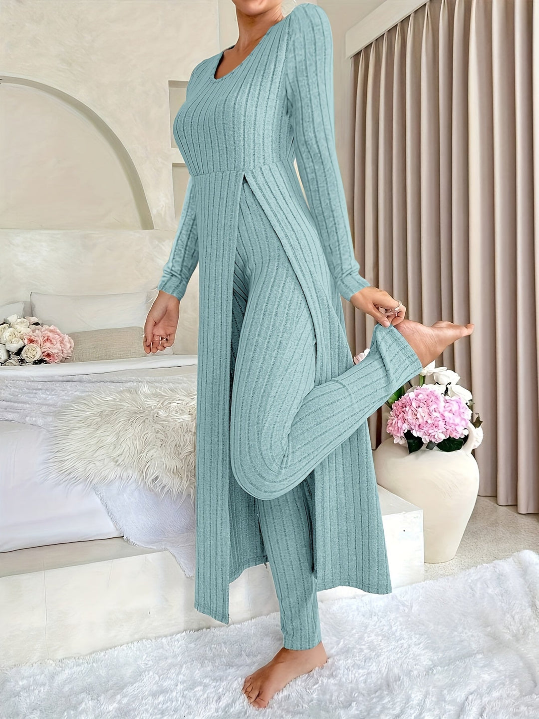 Rochy-Ribbed Long-sleeved Top and Bottom