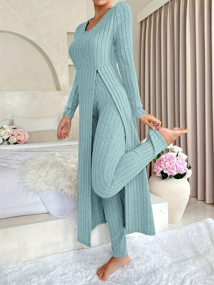 Rochy-Ribbed Long-sleeved Top and Bottom