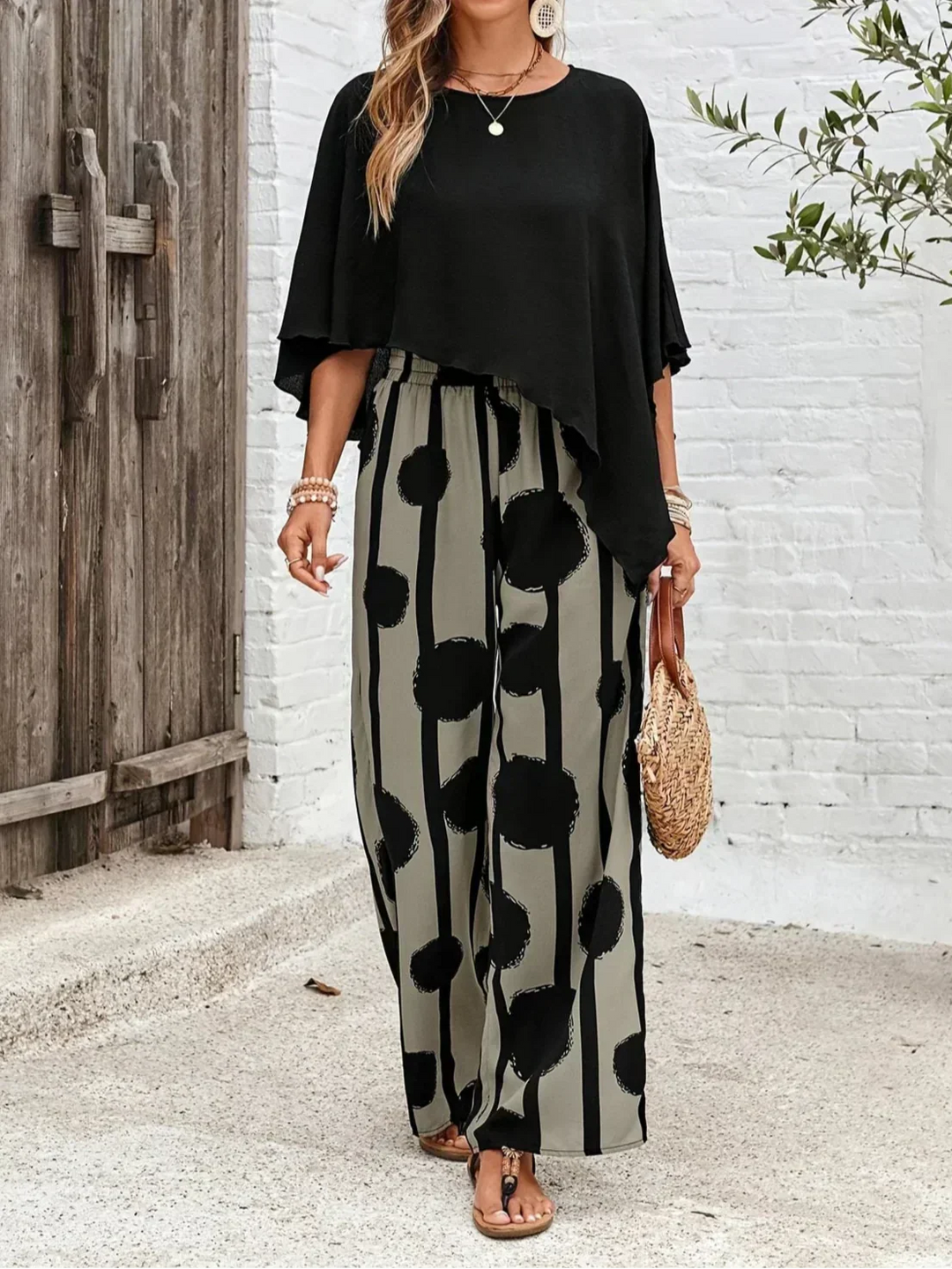 Mila™ | Women’s Asymmetric Top and Printed Pant Set