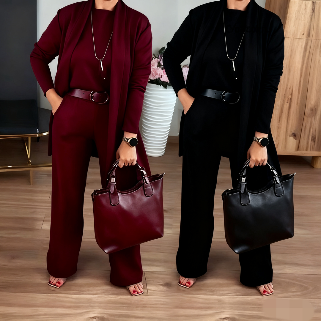 Elegant 3-piece set with longline cardigan, top and trousers