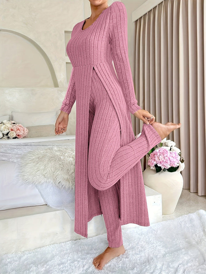 Rochy-Ribbed Long-sleeved Top and Bottom