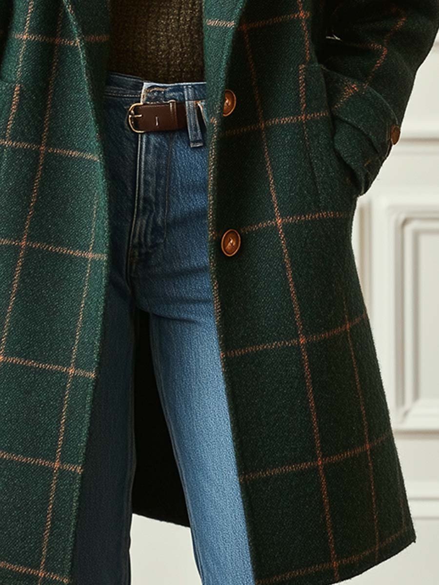 Wendy-Women's Retro Lapel Plaid Tweed Coat