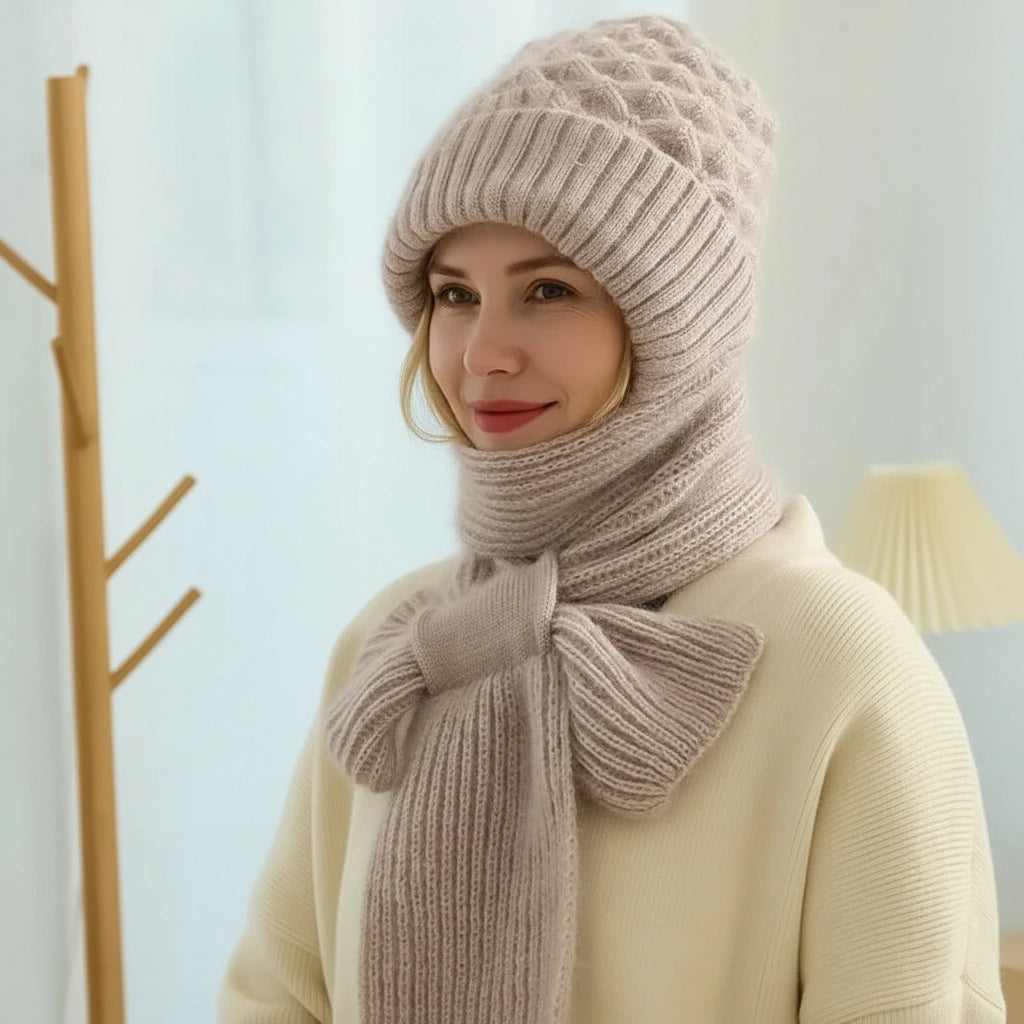 Fleece-lined windproof hat and scarf with integrated ear protection